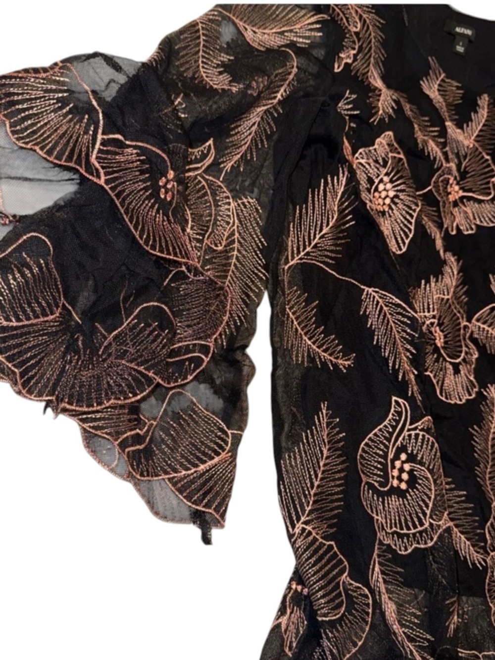 Alfani Black Sheer Floral Embroidered Blouse Bell Sleeve Top Size M - Picture 5 of 11